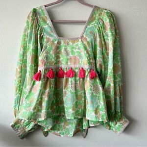 Manoush Boho Floral Green and Pink Women's Top